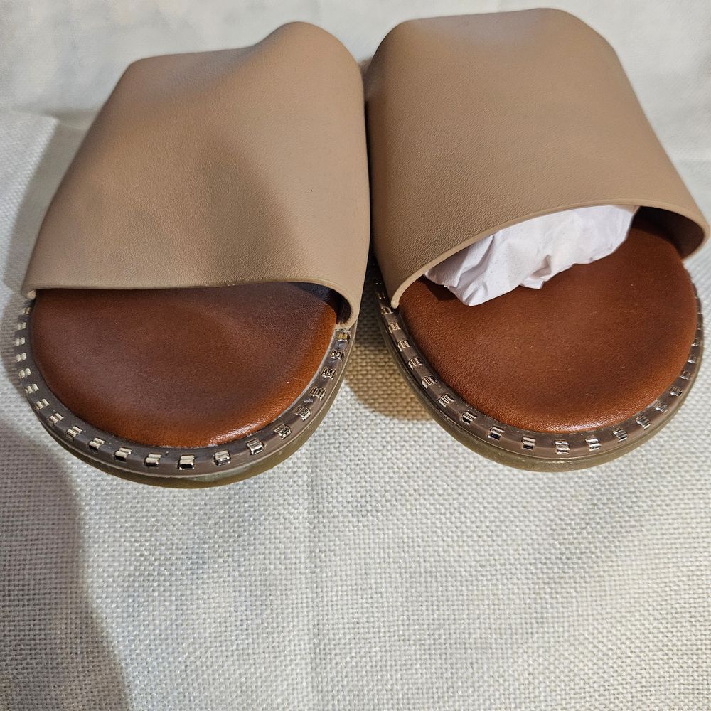ANNA Beige‎ Studded Slide Sandals with Wide Band Summer Casual Slip-On Flats